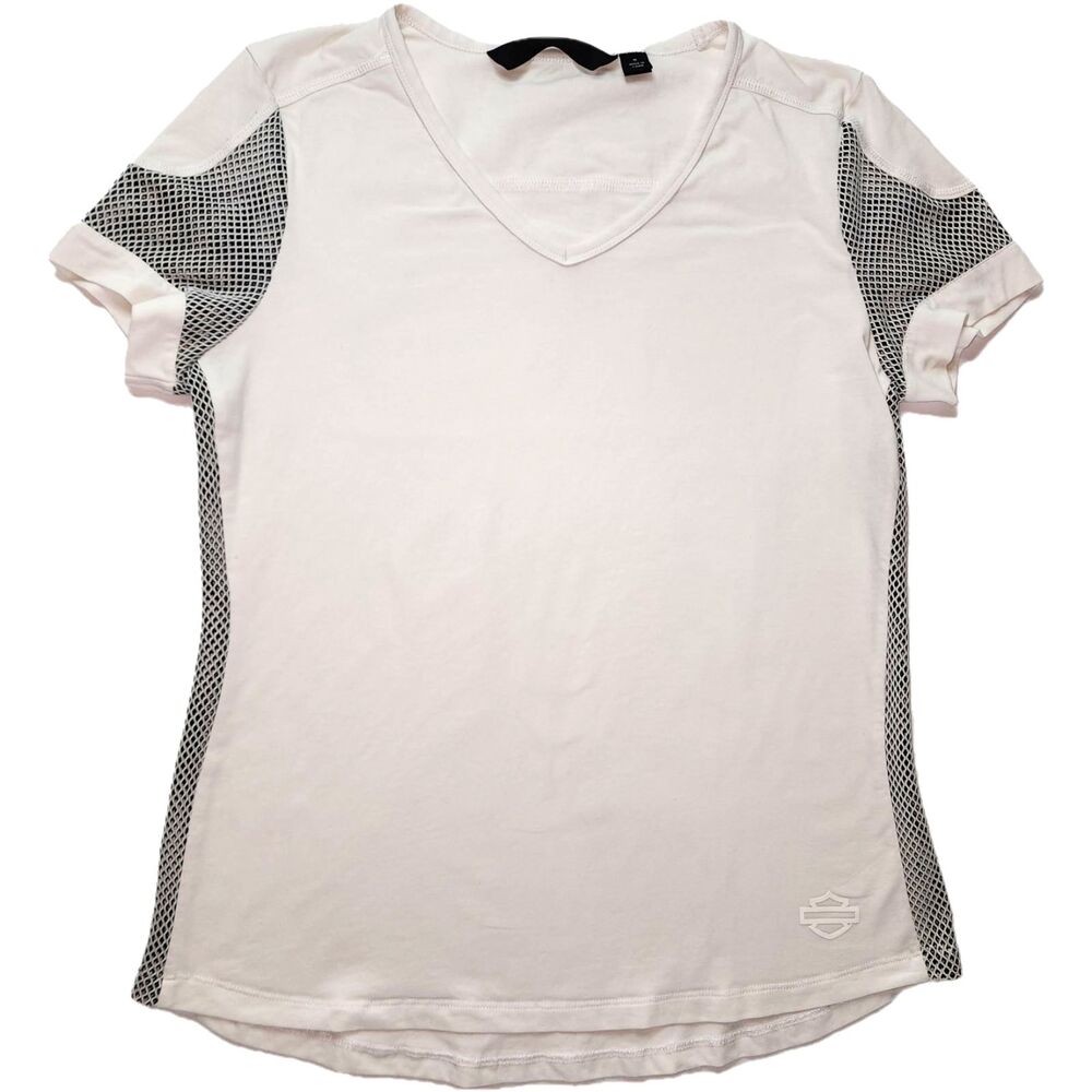 Harley Davidson White V-Neck Short Sleeve T-Shirt Black Mesh Sides Size M